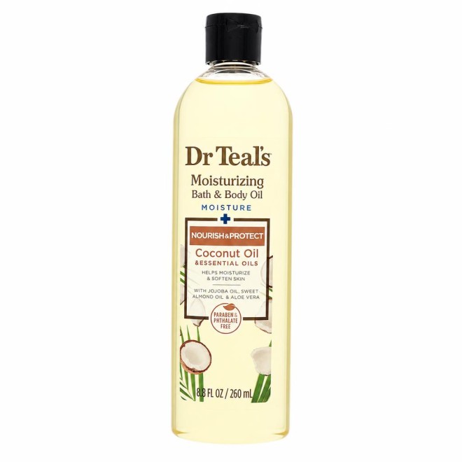 Dr Teal's Moisturizing Bath & Body Oil Nourishing Coconut Oil with Essensial Oils, Jojoba Oil, Sweet Almond Oil and Cocoa Butter 260 ml
