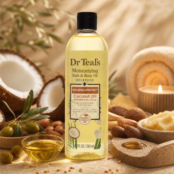 Dr Teal's Moisturizing Bath & Body Oil Nourishing Coconut Oil with Essensial Oils, Jojoba Oil, Sweet Almond Oil and Cocoa Butter 260 ml