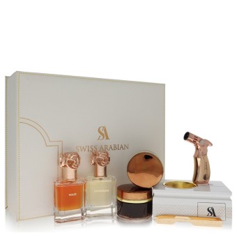 Swiss Arabian Bakhoor Dukhoon Al Haram Gift Set -- Gift Set contains 2 x 50 ml Eau De Parfum in Wajd & Gharaam + 2 x 60 grams of Incense in Dukhoon Al Haram & Oud Muattar Mumtaz