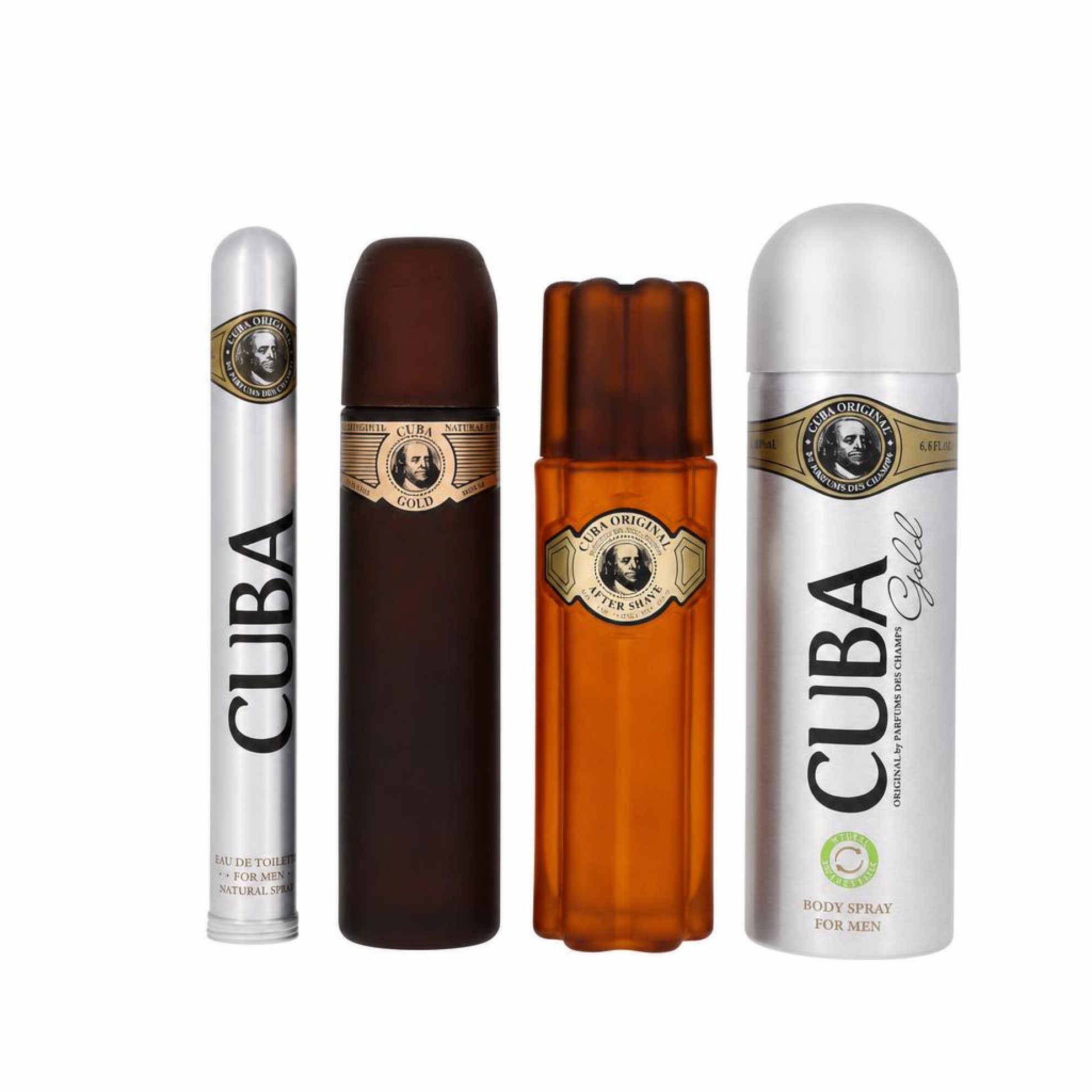 Fragluxe Cuba Gold Gift Set -- 100 ml Eau De Toilette Spray + 33 ml Eau De Toilette Spray + 200 ml Body Spray + 100 ml After Shave