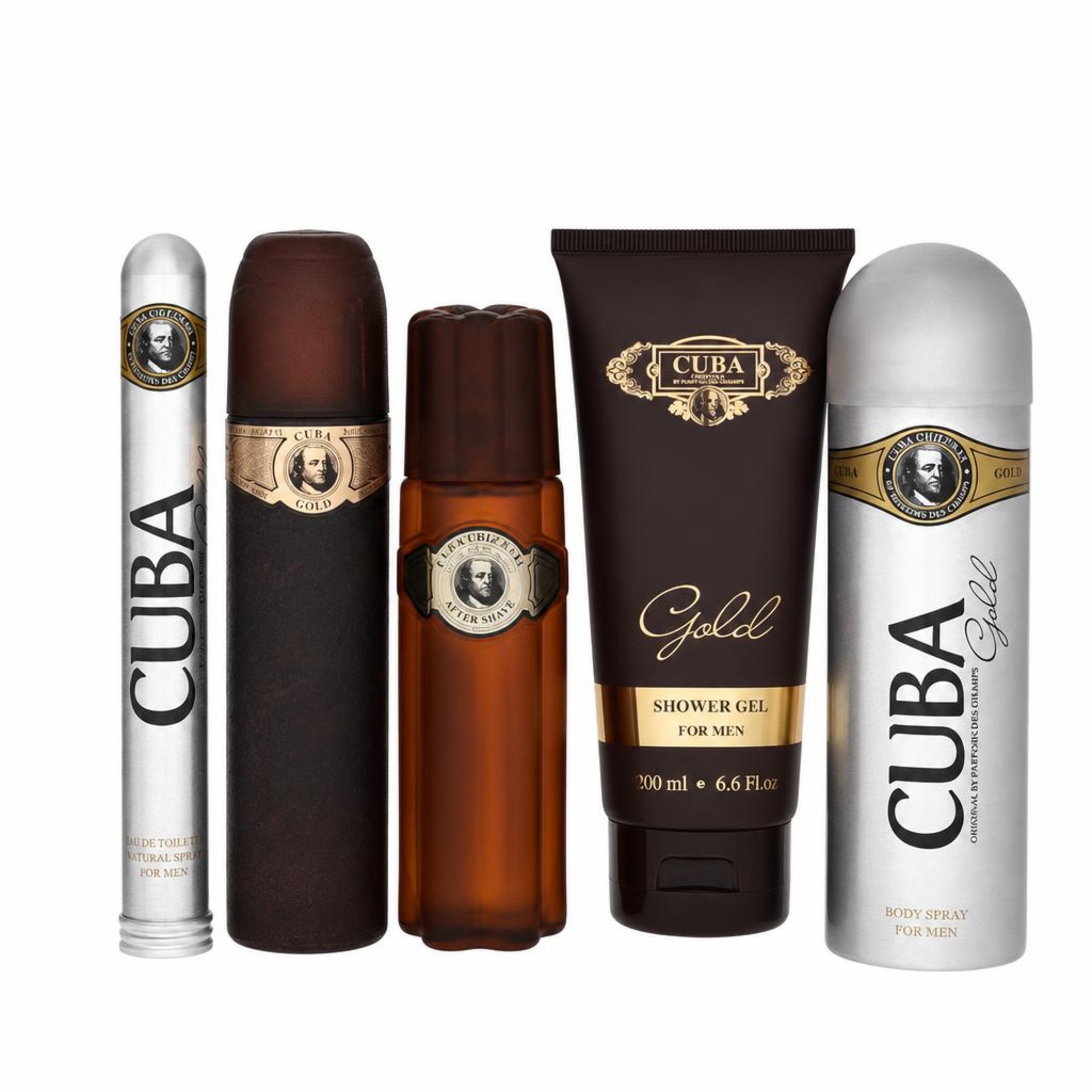 Fragluxe Cuba Gold Gift Set -- 100 ml Eau De Toilette Spray + 100 ml After Shave Spray + 200 ml Body Deodorant Spray + 200 ml Shower Gel +  33 ml EDT Spray