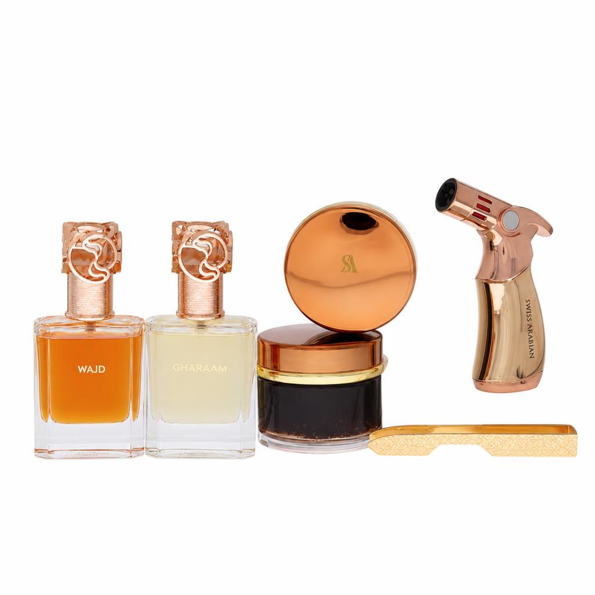 Swiss Arabian Bakhoor Dukhoon Al Haram Gift Set -- Gift Set contains 2 x 50 ml Eau De Parfum in Wajd & Gharaam + 2 x 60 grams of Incense in Dukhoon Al Haram & Oud Muattar Mumtaz