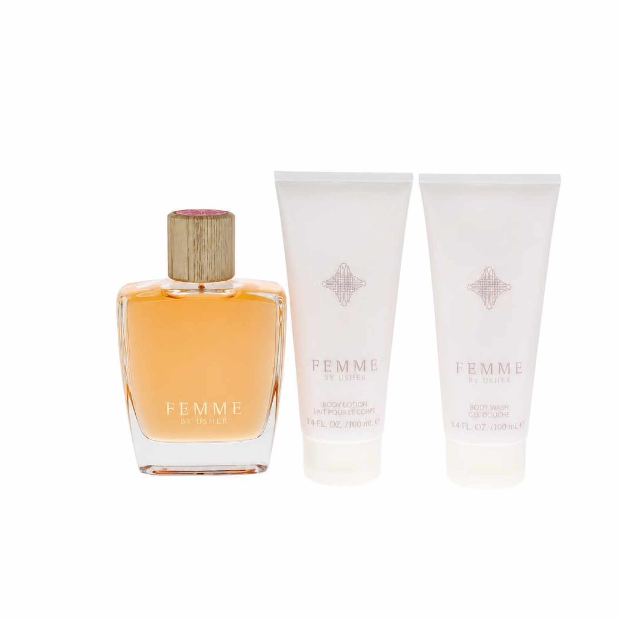 Usher Femme Gift Set -- 100 ml Eau De Parfum Spray + 100 ml Body Lotion + 100 ml Shower Gel