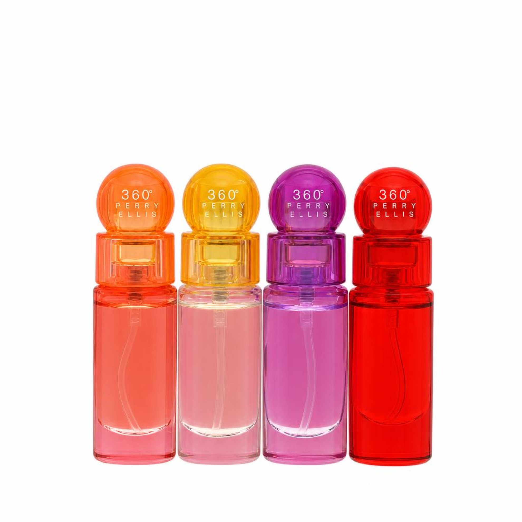 Perry Ellis perry ellis 360 Gift Set -- Four piece Travel Gift Set Includes 8 ml Mini Eau De Parfum Spray of each. 360 Coral, 360 For Women, 360 Purple, 360 Red.